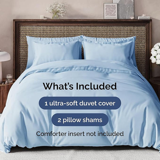 Duvet Cover Queen Size Set - Extra Soft Queen Size Duvet Cover 90 x 90 with 2 Pillow Shams - Hotel Luxury Easy Care and Fade Free w/Zipper Closures & Ties - Comfy Breathable Bedding Set (Sky Blue)