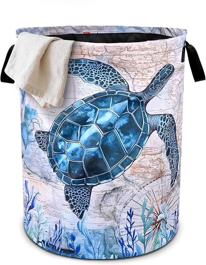 Sea Turtle Laundry Basket Foldable Oxford Cloth Tote Bag Laundry Hamper Clothes Storage Bucket Organizer For Bathroom/Laundry Storage/Bedroom 19.6x15.7 Inch