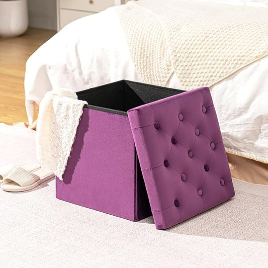 B FSOBEIIALEO Storage Ottoman Cube Velvet Tufted Folding Ottomans with Lid, Footstool Rest Padded Seat for Bedroom (Purple, Medium)