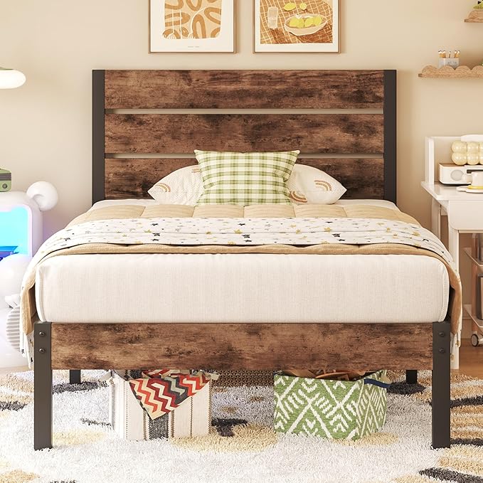 Twin Bed Frame with Headboard and Footboard, Metal Twin Bed Frame with Under Bed Storage, All-Metal Support System, No Box Spring Needed, Easy Assembly,Rustic Brown