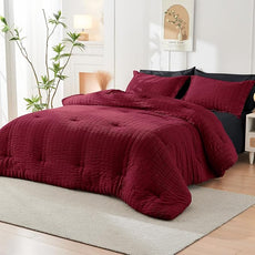 HYMOKEGE Red & Black Full Size Comforter Sets Seersucker 7 Pieces, All Season Luxury Bed in a Bag for Bedroom, Bedding Set with Comforters, Sheets, Pillowcases & Shams
