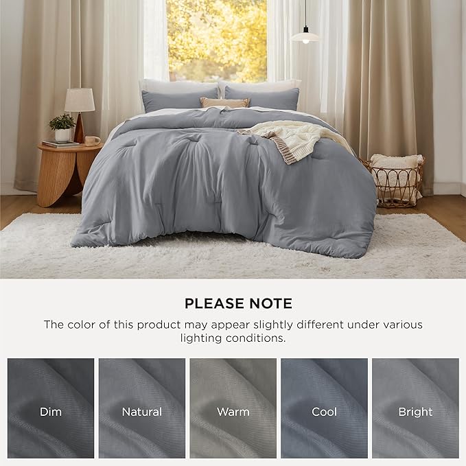 Bedsure Super King Size Comforter Set, Grey Soft Prewashed Bedding for All Seasons, 3 Pieces GentleSoft™ Bed Set, 1 Lightweight Comforter (120"x120") and 2 Pillowcases (20"x36")