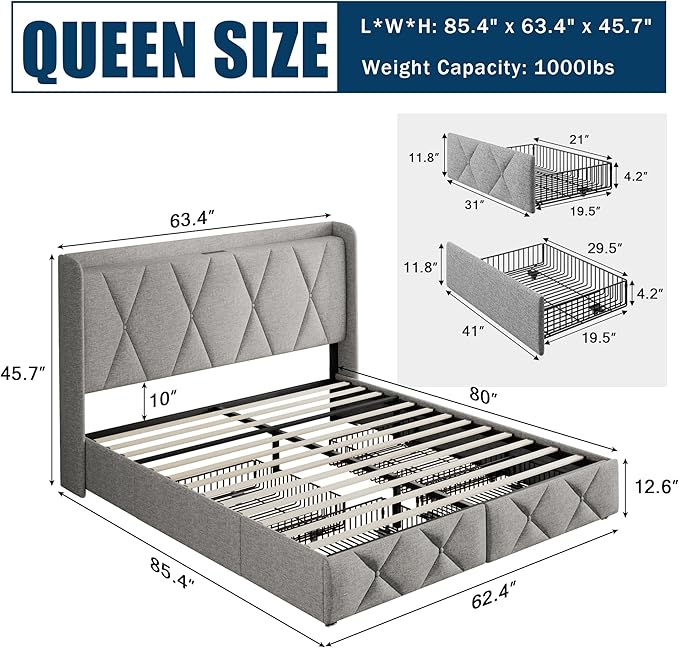 Queen Bed Frame with 4 Storage Drawers, Upholstered Platform Bed with Charging Station, Modern Wingback Storage Headboard, Easy Assembly,Noise-Free, Light Gray