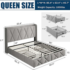 Queen Bed Frame with 4 Storage Drawers, Upholstered Platform Bed with Charging Station, Modern Wingback Storage Headboard, Easy Assembly,Noise-Free, Light Gray