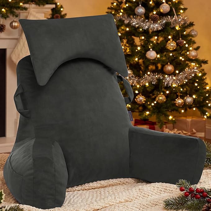 Portable Reading Pillows with Headrest for Bed Sitting Up(Grey Oeko-Tex), Velvet Back Pillow with Arms & Pockets for Adults, Support Memory Foam Bed Pillow for Dorm/Reading/Watching/Gaming