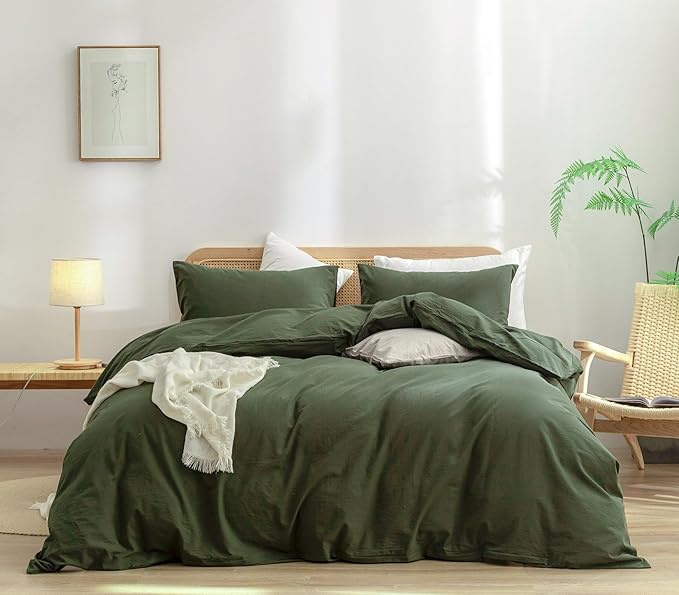 BESTOUCH Duvet Cover Set 100% Washed Cotton Linen Feel Super Soft Comfortable Chic Lightweight 3 PCs Home Bedding Set Solid Olive Green Alaska King