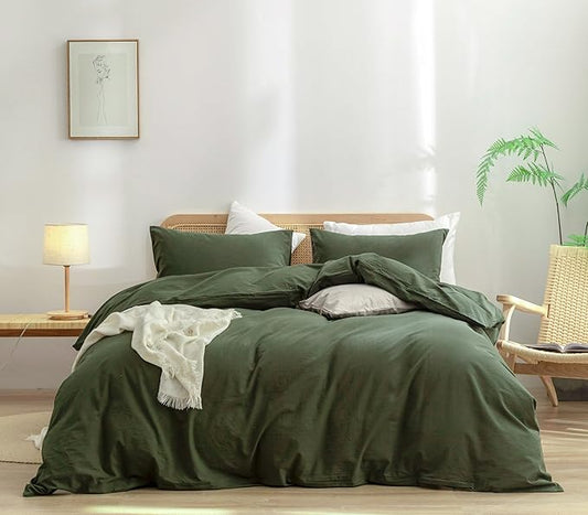 BESTOUCH Duvet Cover Set 100% Washed Cotton Linen Feel Super Soft Comfortable Chic Lightweight 3 PCs Home Bedding Set Solid Olive Green Alaska King