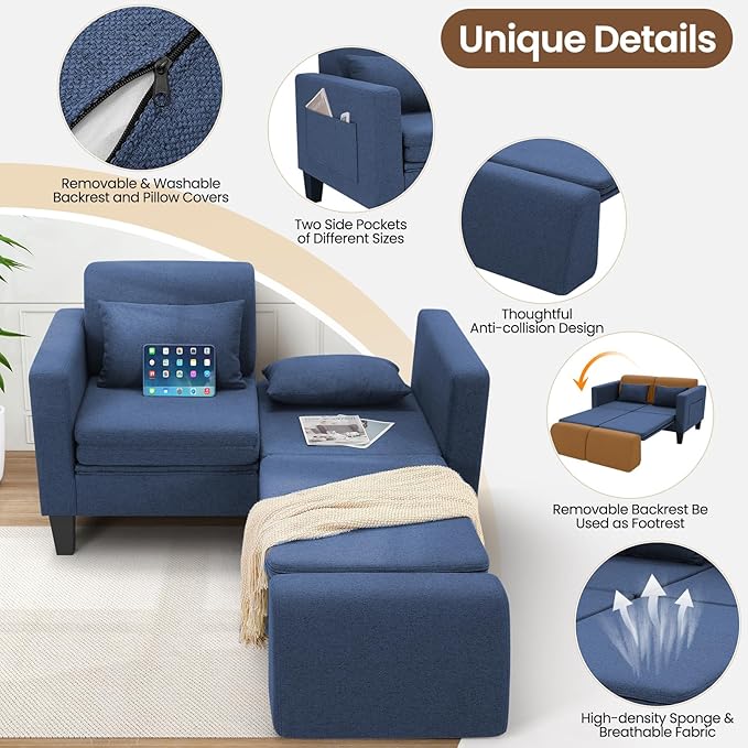 SEJOV 6-in-1 Convertible Sofa Bed, 58" Loveseat Sleeper Sofas with Pull Out Couch Bed, Removable Backrest, Storage Pockets and 2 Pillows, Modern Folding Linen Futon Couch for Small Spaces, Blue