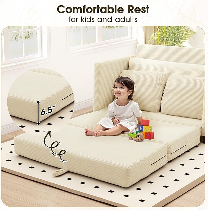 51" Convertible Loveseat Sofa Bed, 2-in-1 Folding Sofa Bed with 2 Pillow for Small Spaces, Modern Loveseat Sleeper Couch for Apartment, Living Room & Guest Room (Corduroy Beige, 51 inch)