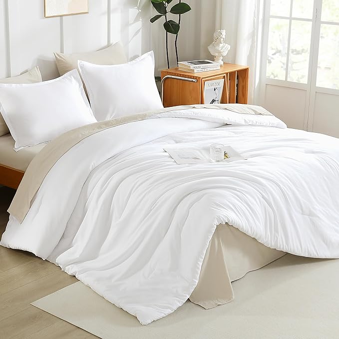 Litanika Comforter Set, Lightweight Solid Bedding Comforter Set, Fluffy Down Alternative Bed Set, Bright White, California King