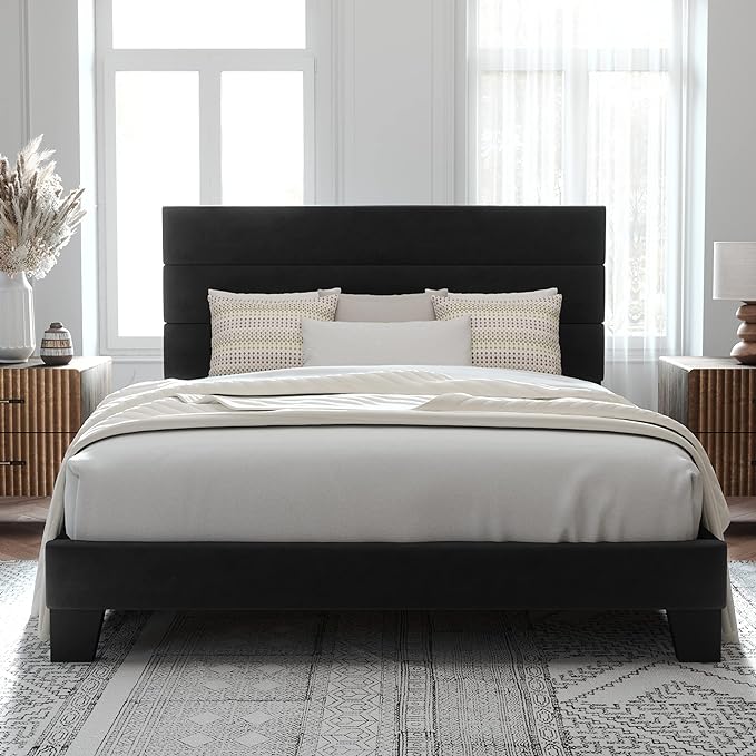 Allewie Full Size Platform Bed Frame with Velvet Upholstered Headboard and Wooden Slats Support, Fully Upholstered Mattress Foundation/No Box Spring Needed/Easy Assembly, Black
