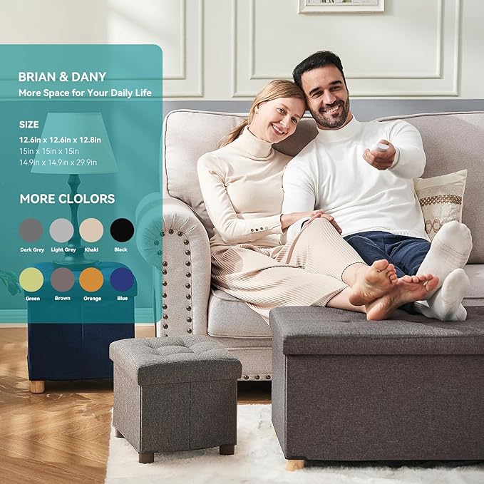 BRIAN & DANY Ottoman with Storage, Small Storage Ottoman for Dorm, Linen Folding Ottoman Foot Stool with Legs for Living Room and Bedroom, 15"x15"x15" - Brown