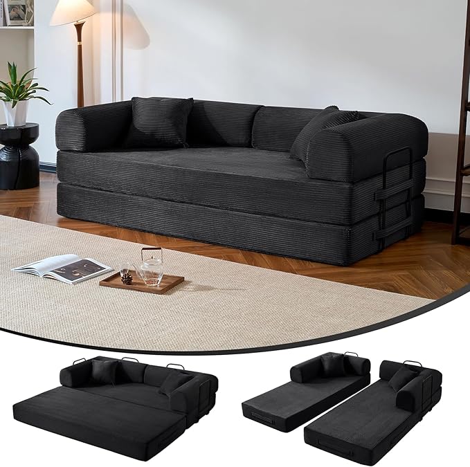 Compressed Sofa, Convertible Sofa Bed, Corduroy Compression Boneless Couch with Pillow, Comfy Modular Foldable Floor Sleeper Sofa for Bedroom, Living Room, Lounge, Studio (Black)