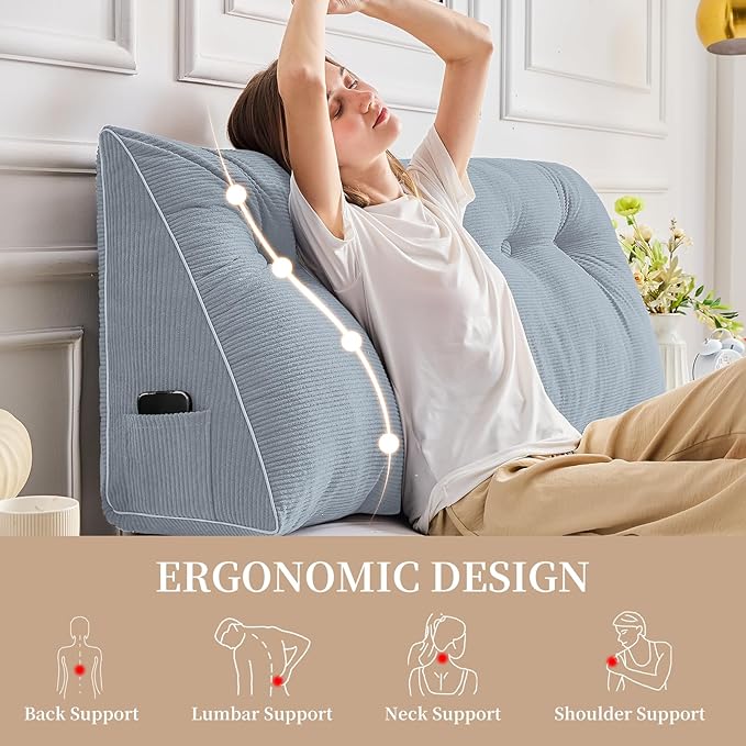 Sasttie Headboard Pillow Full, Wedge Pillow Headboard for Sitting Up in Bed, Back-Rest Support Triangular Cushion for Reading - Features Removable Washable Cover, Greyish Blue