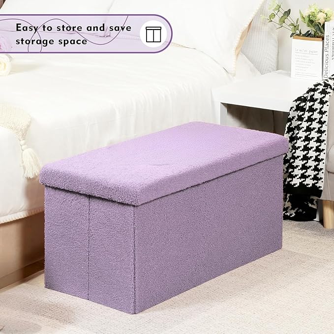 PINPLUS Folding Storage Ottoman Bench, Sherpa Ottoman with Storage, Large Long Shoes Bench Chest with Lid, Footrest for Living Room, Entryway, Purple, 31.5'' x 15.7'' x 15.7''