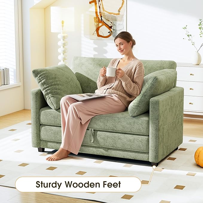 51" Convertible Loveseat Sofa Bed, 2-in-1 Folding Sofa Bed with 2 Pillow for Small Spaces, Modern Loveseat Compact Sleeper Couch for Apartment, Living Room & Guest Room (Light Green)