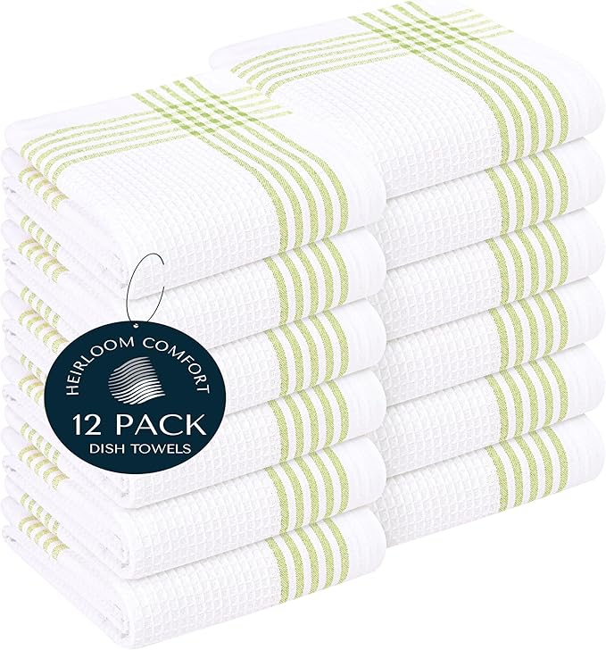 Lemon Green and White Waffle Kitchen Towels 12 Pack, 100% Cotton, 16x26 Inch, Super Absorbent, Reusable Fast Drying Dish Towels for Cleaning, Washing, Drying Dishes, Kitchen