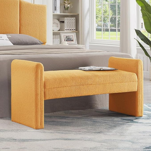 24KF Modern Upholstered Bed Bench Covered with Soft Boucle Teddy Fabric, Lovely Entryway Bench Ottoman with Armrest,5062-Yellow