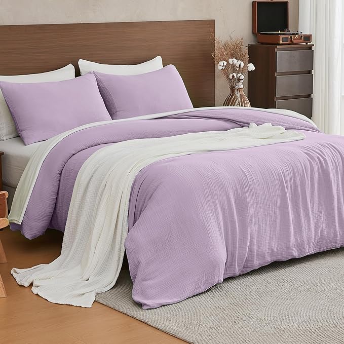 EMME Muslin Cotton Duvet Cover Set Lavender Queen Size Linen Like Soft Breathable Lightweight Summer Comforter Cover Set with Zipper Closure (Lavender, Queen, 90"x90")
