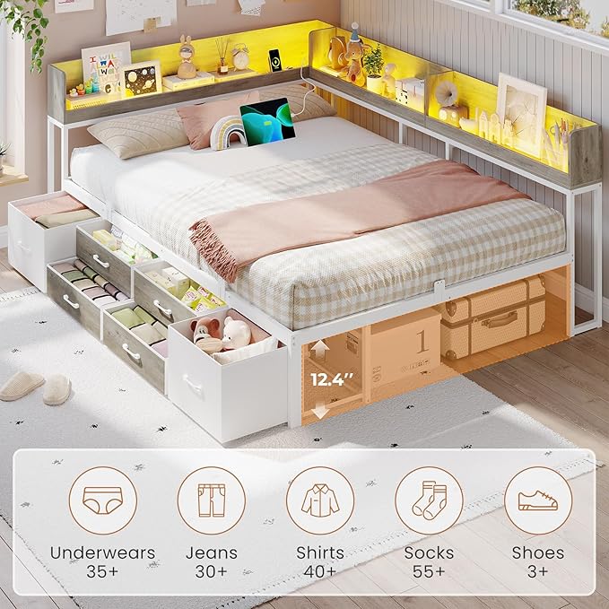 VIAGDO Corner Bed Frame Full with Storage Bookcase and 6 Drawers, Metal Platform Corner Bed Frame with LED Lights and Charging Station, Full Daybed for Kids Teenagers, White & Grey