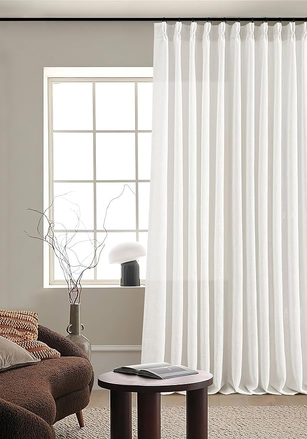 Ivory White Pinch Pleated Extra Wide Linen Curtains 84 Inches Long for Patio Sliding Glass Door 70 Inch Wide Pleated Drapes with Hooks Rings Semi Sheer 70x84 Curtain for Living Room 1 Panel