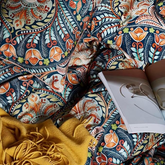 MKXI Blue Comforter Set Queen Pink Paisley Patterned Floral Bedding Comforter Set Boho Bed Quilt Summer Comforter 90"x 90"