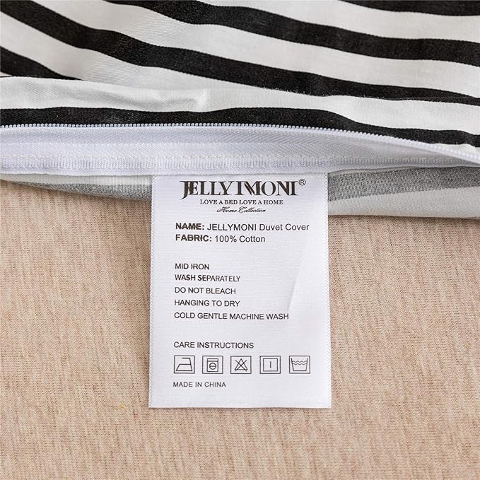 JELLYMONI 100% Natural Cotton 3pcs Striped Duvet Cover Sets,White Duvet Cover with Black Stripes Pattern Printed Comforter Cover,with Zipper Closure & Corner Ties(Queen Size)