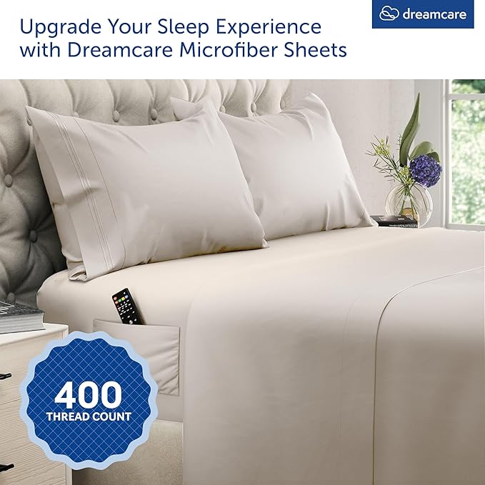 DREAMCARE King Size Sheets Set - Cooling Bed Sheets - 4pcs Set - up to 15" Deep Pocket King Sheet Set – Soft & Long Lasting Cooling - 100% Fine Brushed Microfiber with Side Pocket - Beige DREAMCARE