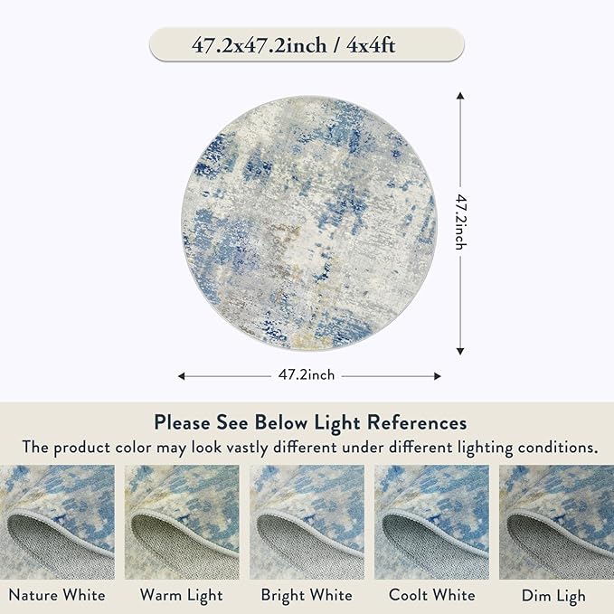 Lahome Modern Abstract Round Rug 4Ft, Blue Washable Front Door Mat Soft 4x4 Circle Rug for Entryway Bedroom Non Slip, Contemporary Indoor Floor Carpet for Living Room Sofa Bedroom Nursery Decor
