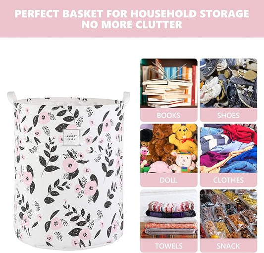 Large Foldable Laundry Basket Hamper Holder Portable Tall Collapsible Laundry Hamper Nusery Storage Basket Bin with Handles, Canvas & Waterproof lining for Household Items (Floral Pink)