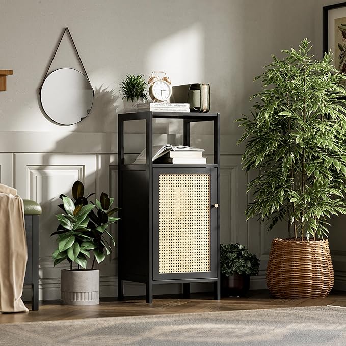 Bamboo Floor Rattan Cabinet, Small Bathroom Storage Organizer Rack with 1 Door and 1 Shelf, Space Saving Wood Kitchen Cupboard, Hallway Side Table, Living Room Freestanding Stand (Black)