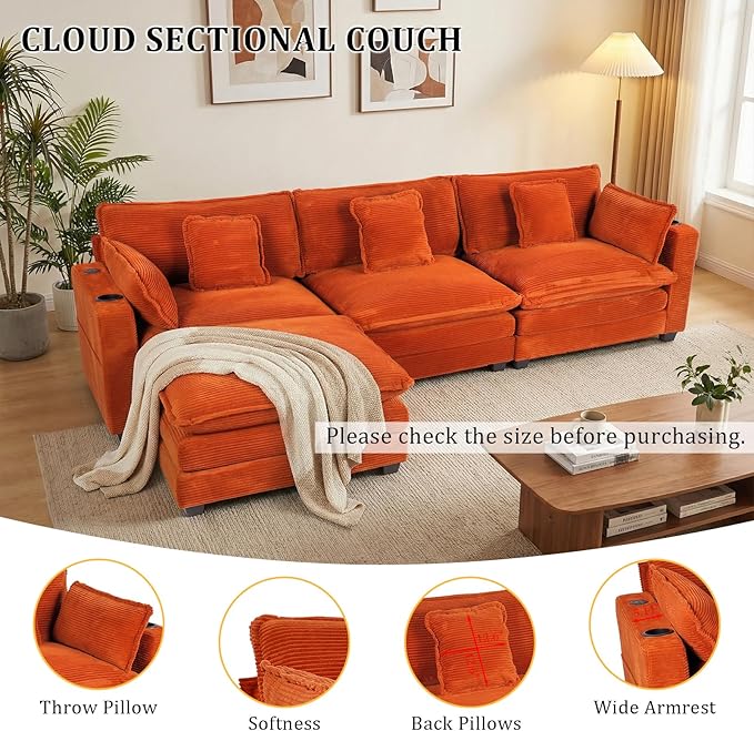 Gexpusm Modular Sectional Sofa,99" Couches for Living Room,Corduroy Sofa with Ottoman & Pillow,Cloud Sectional Couch with Cup Holders & USB,Side Pockets,3-Seat Corduroy Boneless Chair Indoor (Orange)
