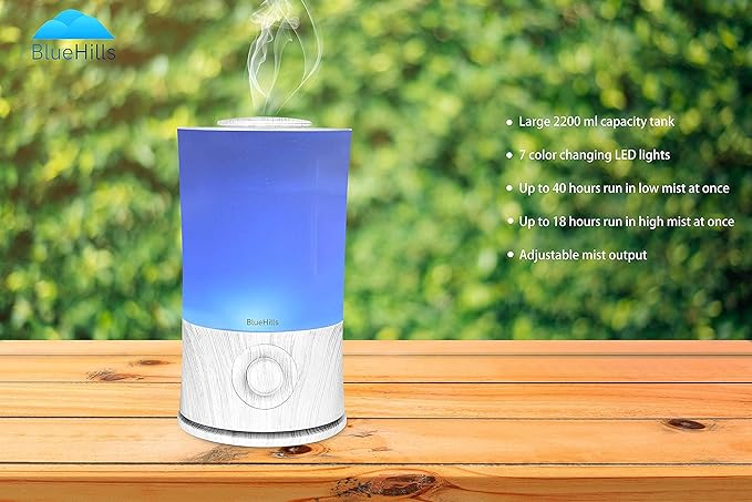 BlueHills Premium 2000 ML XL Large Essential Oil Diffuser Aromatherapy Humidifier for Large Room Home 40 Hour Run Huge Coverage Area Lights 2 Liter Extra Large Capacity Diffuser White Wood Grain E004