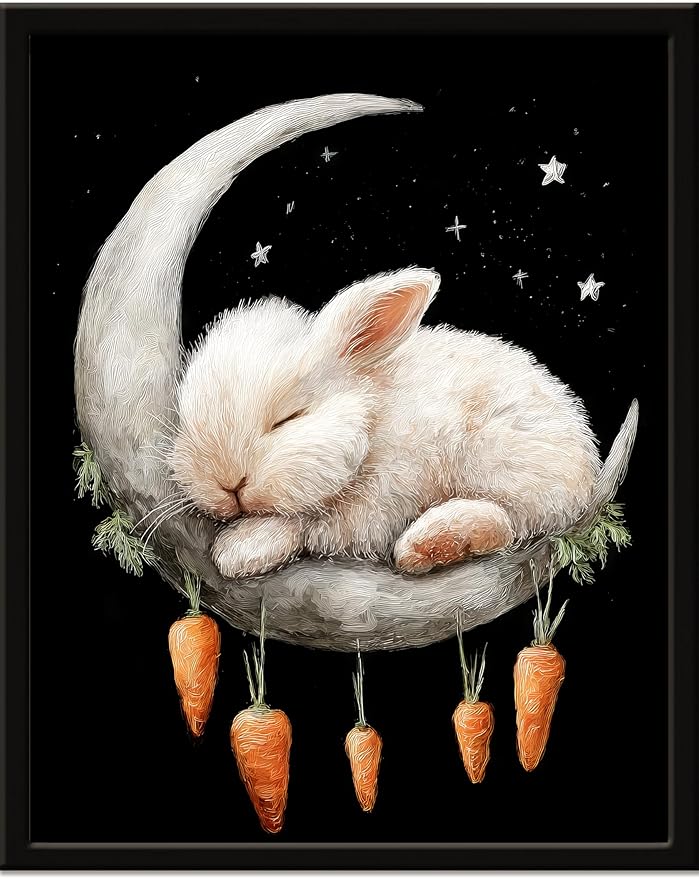 Funny Animal Black And White Wall Art Print Rabbit On The Moon Cute Poster Canvas Art Wall Decor Picture For Bedroom Dorm Bathroom Wall Decor Aesthetic Home Artwork 12" × 16" With Framed