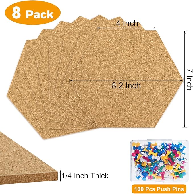 TUPARKA 8 Pack Cork Board Hexagon Bulletin Boards Cork Tiles 8.2"x7" - 1/4" Self-Adhesive Corkboards with 50 Push Pins Mini Wall for Wall Home School Office Decorative (8, 8.2"x7")