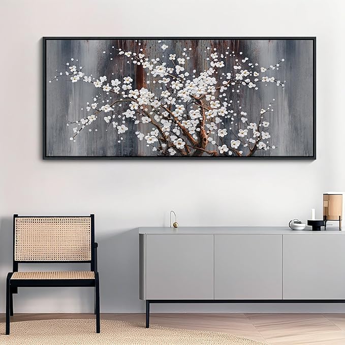 AJAZIKO Large Plum Blossom Canvas Wall Art, Brown Wall Decor, Living Room Cherry Blossom Bedroom Pictures, Framed Artwork, Modern Canvas Paintings, 31x70