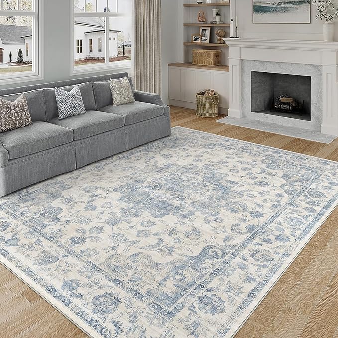 10x14 Neutral Area Rug Blue Vintage Living Room Bedroom Washable Carpet Non-Slip Soft Low Pile Floral Indoor Large Throw Rug for Dining Room Office