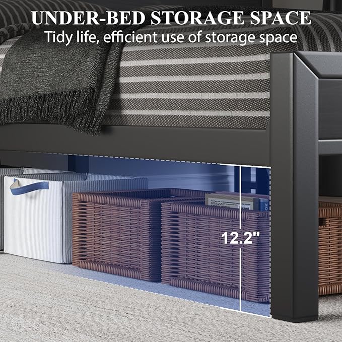 Full Size Bed Frame with Storage Headboard, Industrial Platform Bed with Charging Station and LED Lights, Heavy Duty Metal Slats, No Box Spring Need, Noise Free, Black