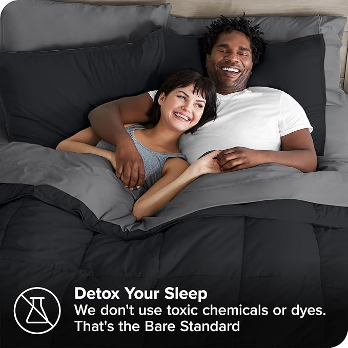 Bare Home Bed-in-A-Bag 7 Piece Comforter & Sheet Set - King - Goose Down Alternative - Ultra-Soft 1800 Premium - Bed Set (King, Black/Grey)