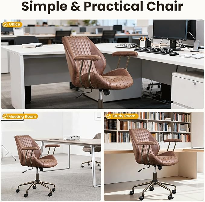 Home Office Desk Chair, Mid-Century Modern Office Chair with Adjustable Lumbar Support, Adjustable Height Executive Chair with 360 Rolling Swivel for Meeting Study Room(Mid Back, Dark Brown)