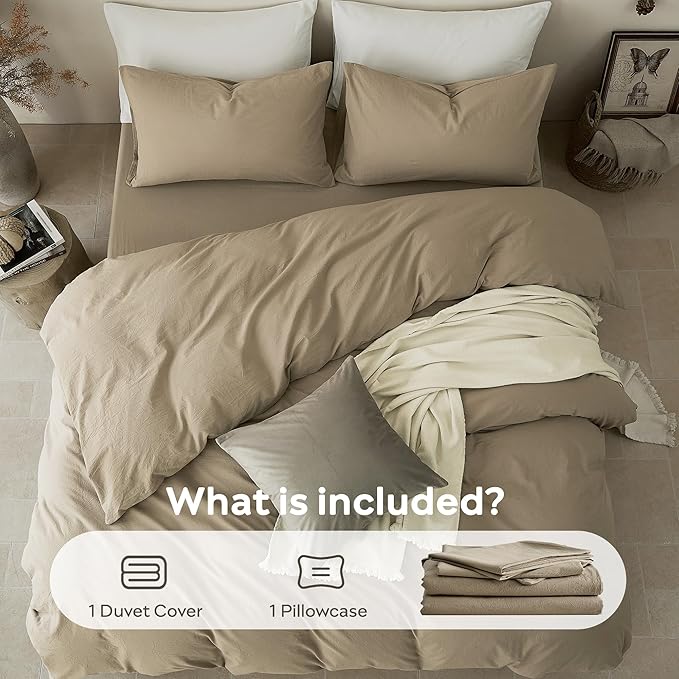 JELLYMONI Duvet Cover Twin Size - Washed Cotton Comforter Cover with Linen-Like Texture,Breathable & Soft Bedding for Modern Home,Guest Room and Everyday Use,Dusty Khaki 1 Duvet Cover & 1 Pillowcase