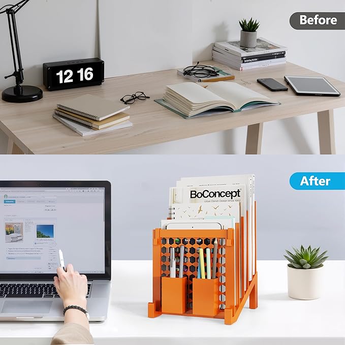 File Organizer for Desk with Storage Box & Hook, Inclined Desk File Organizer with 5-Section Vertical File Holder suitable for Home Office Document Organization(Orange01)
