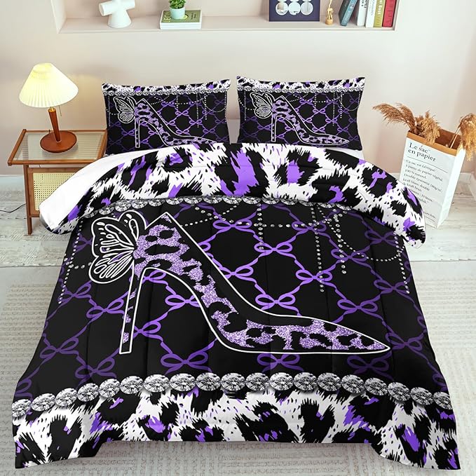 Purple Cheetah Print Comforter Set Queen Women Sexy High Heels Leopard Print Bedding Set Girls High Heels Leopard Comforter Quilt Animal Bedroom Decor Cheetah Bedding Bed Decor