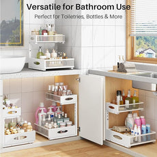 Under Sink Organizer, 2 Tier Pull Out Under Cabinet Organizer Shelf with Pad for Framed Cabinets, Metal Slide Out Under Sink Storage, Mesh Sliding Drawers for Kitchen Bathroom Laundry(White, 1 Pack)