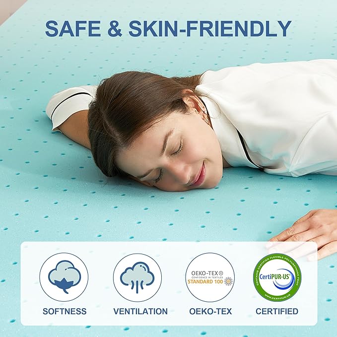2 Inch Memory Foam Mattress Topper Queen, Mattress Pad Gel Infused Foam Bed Topper, Ventilated Soft Blue,Queen Size