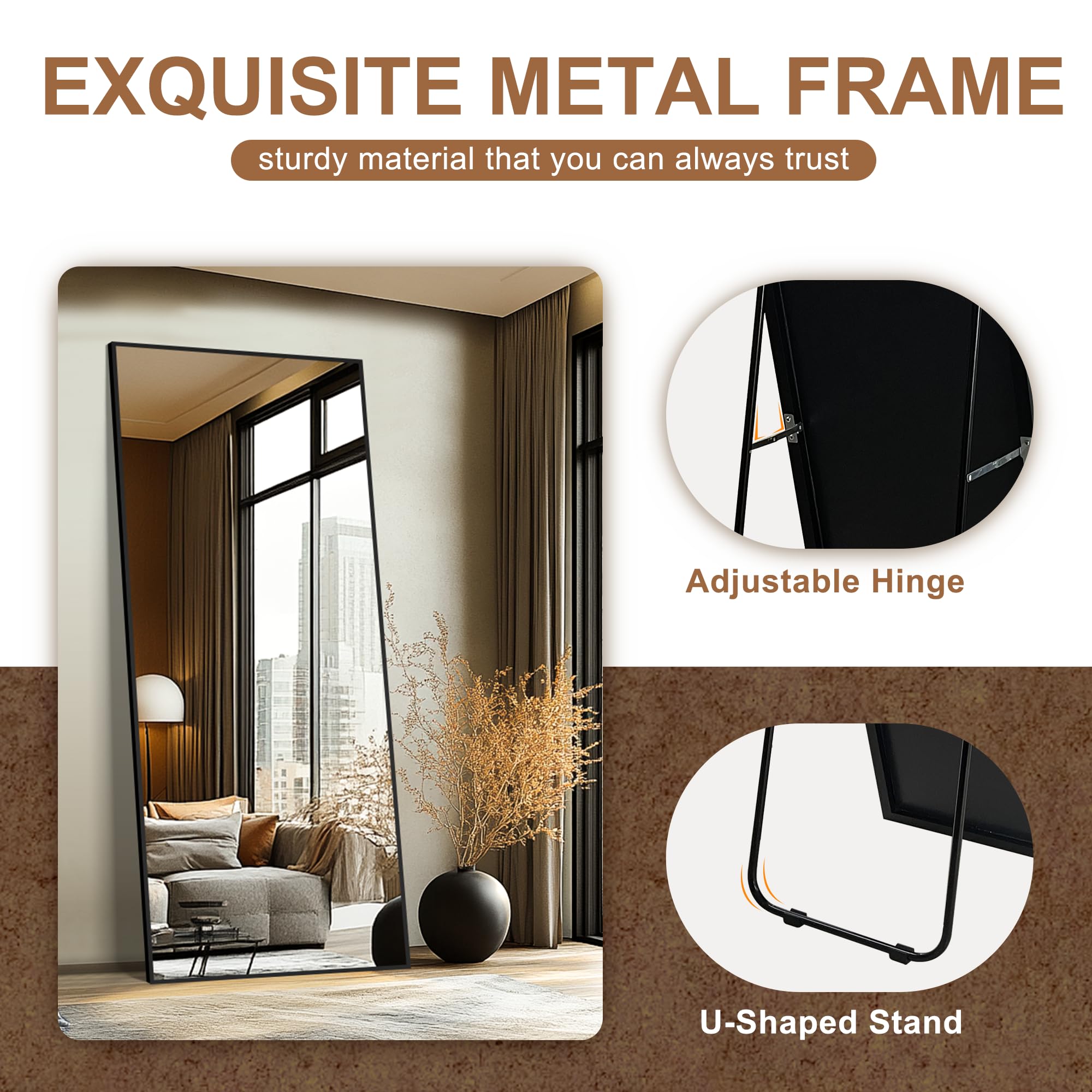 Delma Wall Full Length Mirror,Standing Mirror Full Body,Large Floor for Wall Door Bedroom Bathroom Living Room with Aluminium Frame(with Stand,56x15-Black) Dormly