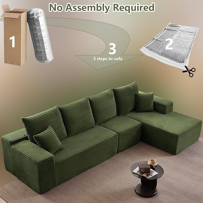135" Cloud Sectional Couch with L-Shape Chaise, Modern Modular Comfy Sofa Chaise Longue, Upholstered Corduroy Couches Sleeper with Deep Seat for Living Room Bedroom, No Assembly Required, Green