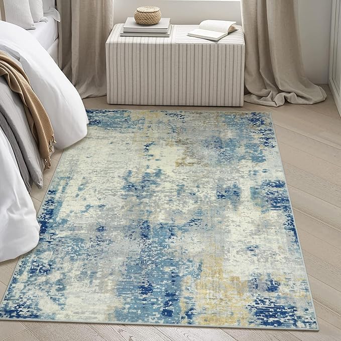 Lahome Modern Abstract Area Rug 4x6, Washable Living Room Rug for Bedroom Entryway Non Slip, Soft Contemporary Indoor Floor Throw Carpet for Apartment Playroom Home Office, Blue