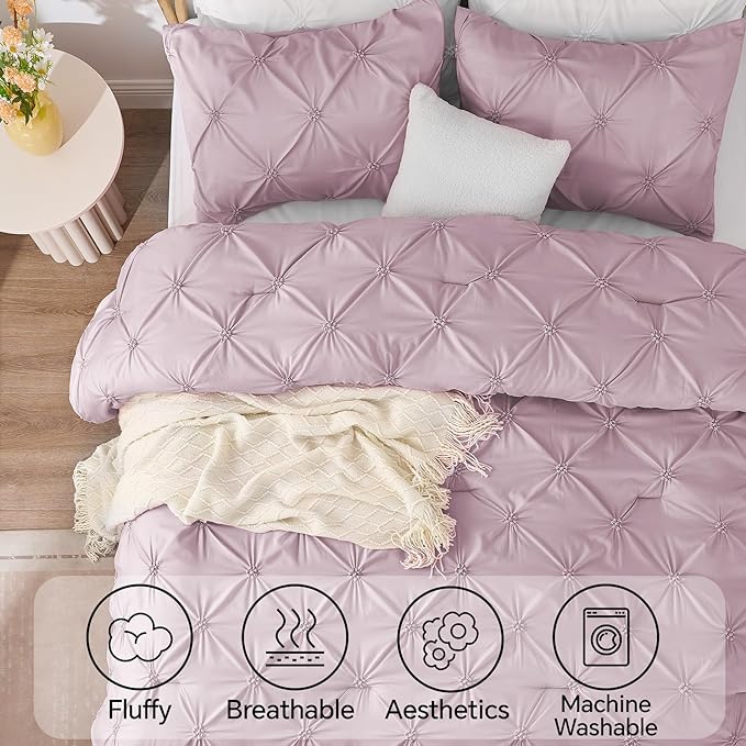 BEDELITE Light Purple Twin Comforter Set - 2 Peices Boho Pintuck Bedding Comforter Sets, Lightweight Soft & Warm Twin Bedding Sets with 1 Pillowcase for All Season