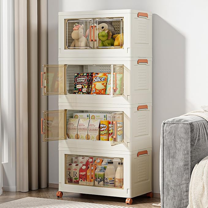 VECELO 240 QT Stackable Storage Bins with Wheels, Magnetic Dual Opening Doors & Transparent Panels, Plastic Foldable Storage Containers for Living Room, Bedroom, Kitchen, Office